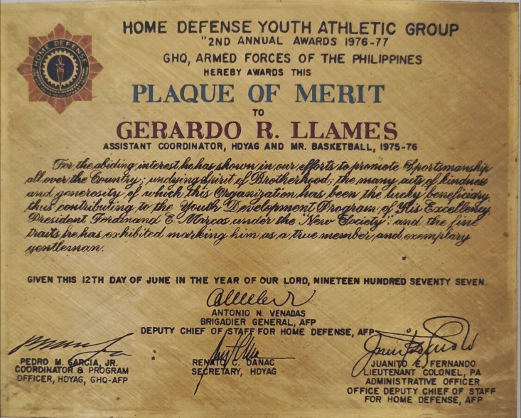 Plaque of Merit awarded by the Armed Forces of the Philippines, 1977